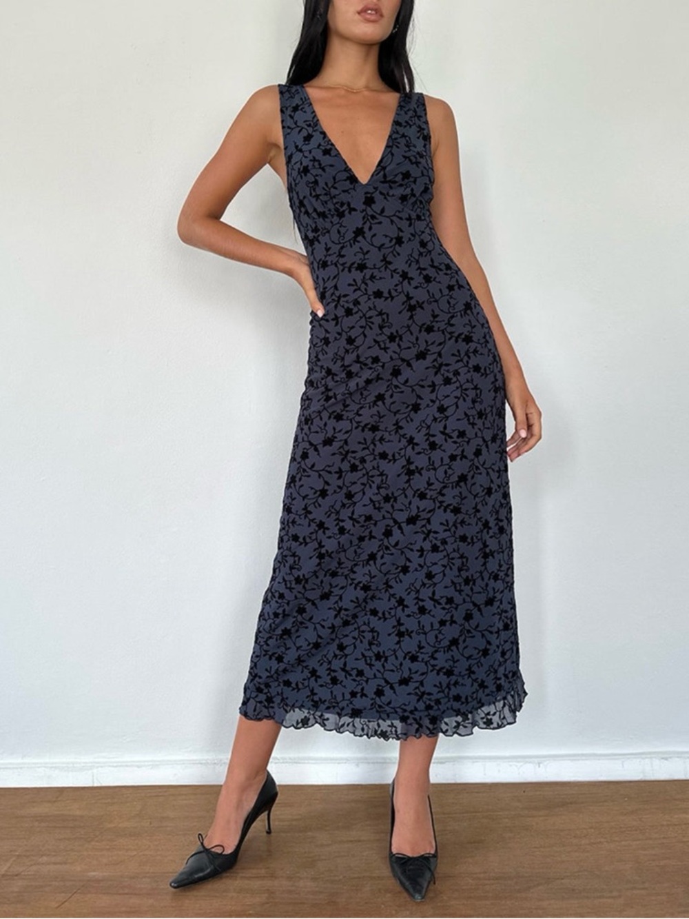 Motel Rocks Gabriela Midi Dress in Flocked Navy and Black Petal Floral